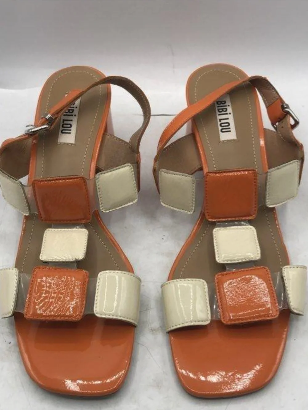 Bibi Lou Sandals SIZE 40 Orange Cream Patent Leather Square-Stitched Woman’s EUC